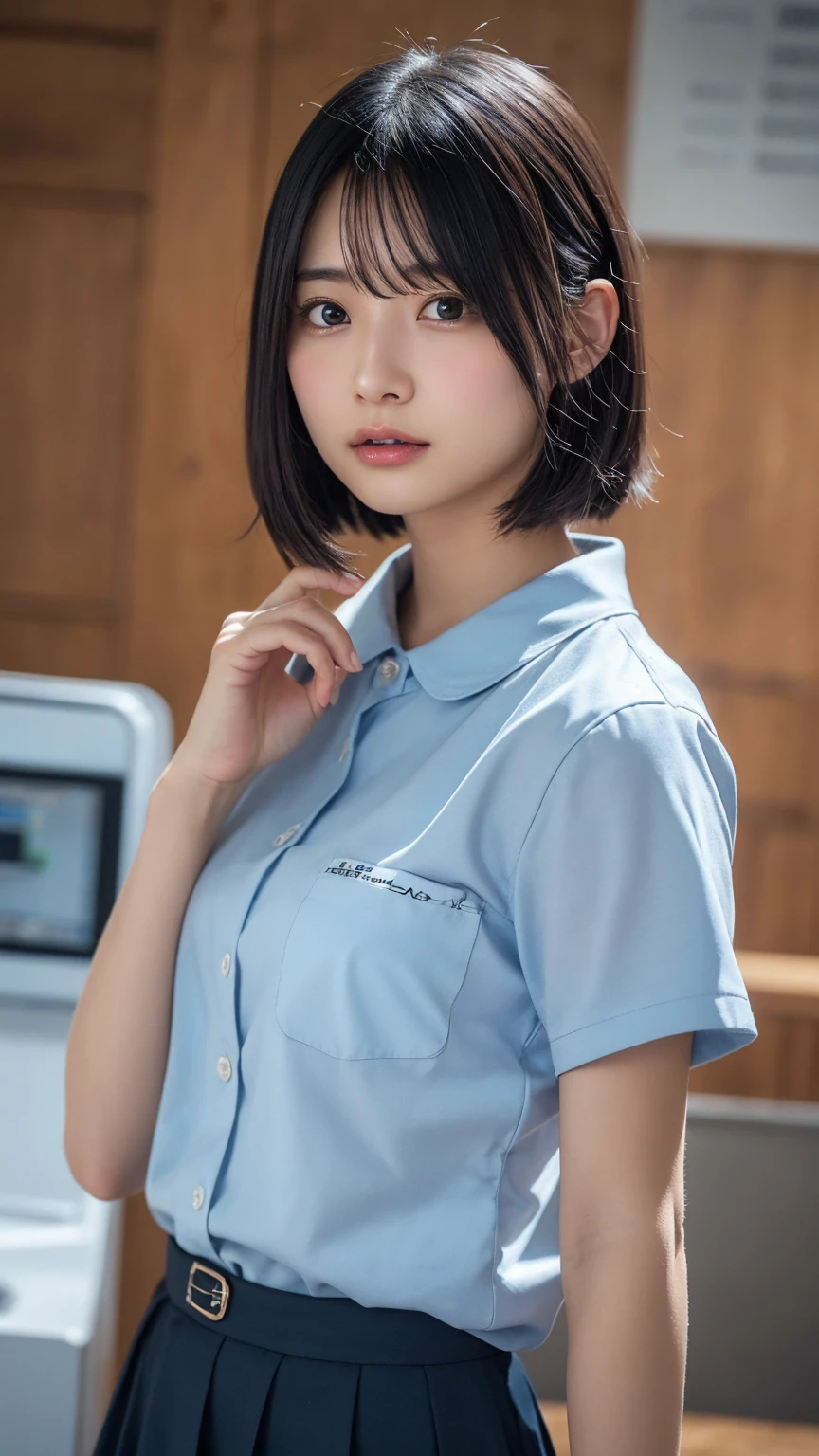 Ultra-realistic capture, Highly detailed, High resolution 16k close-up of human skin. Skin texture must be natural, With such detail that pores can be finely identified. Skin should look healthy, In a uniform tone. Use natural light and color, making a heart with hands, standing, looking at viewer, semi long, black hair, black eyes, fair skin, short, slender, dress, piercing