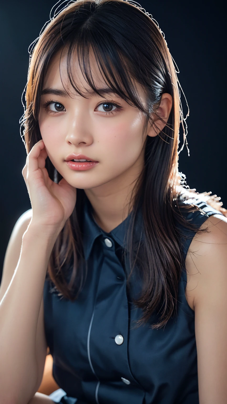 Ultra-realistic capture, Highly detailed, High resolution 16k close-up of human skin. Skin texture must be natural, With such detail that pores can be finely identified. Skin should look healthy, In a uniform tone. Use natural light and color, making a heart with hands, standing, looking at viewer, semi long, black hair, black eyes, fair skin, short, slender, dress, piercing