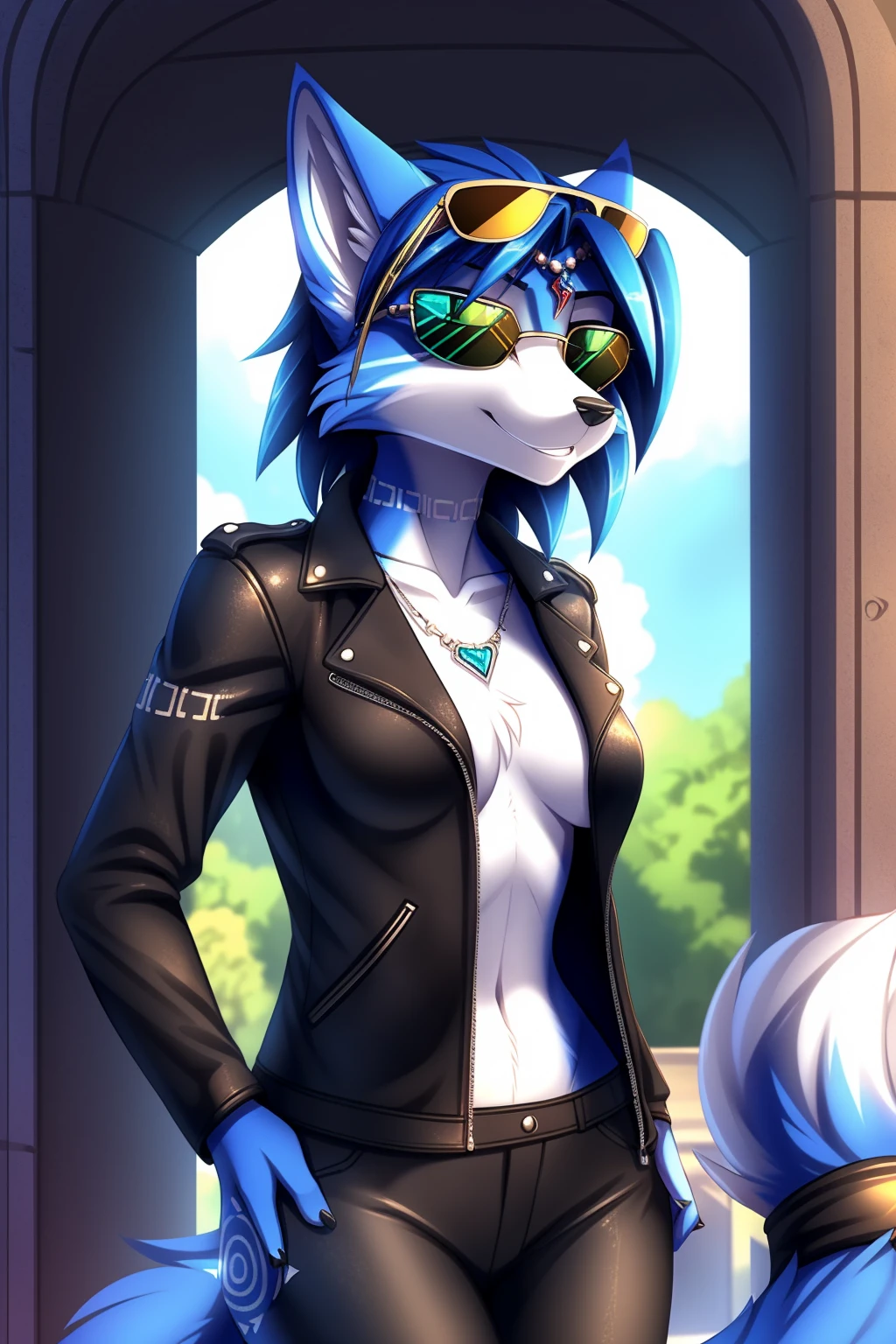 By zinfyuu on pixiv,by twistedscarlet60, uploaded on pixiv, by fluff-kevlar, (masterpiece), (best quality), (anthro furry:1.3, snout:1.2, anthro:1.3, furry:1.2, solo female:1.2), (extremely detailed:1.3), (Detailed eye part: White lens, green iris,black cornea), tall, slim body, sweet smile, blue fur, krystal fox, krystal, black leather jacket:1.5), black jacket, leather jacket, black leather pants, black pants, leather pants, (sunglasses:1.2), rectangular sunglasses, dark sunglasses, dark sunglasses, black sunglasses, serious face, serious expression