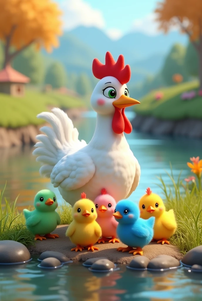 Uma linda galinha branca com A little chick verde, A little chick rosa, A little chick, yellow, A little chick azul perto de um riacho, 3D cartoon style, cinematic