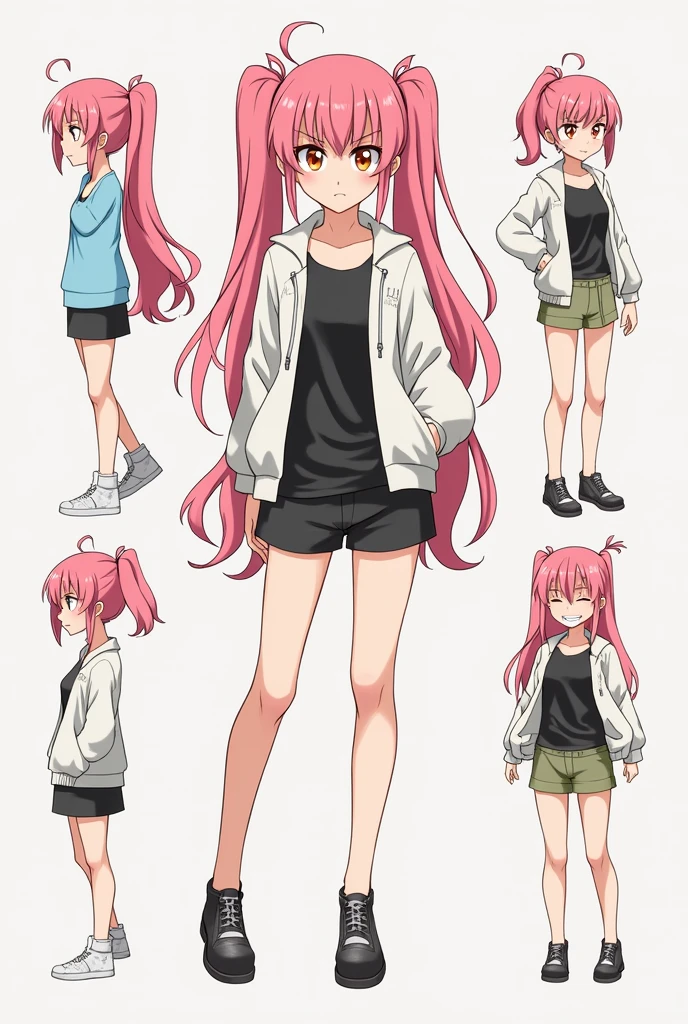 Saya is a age girl of under-average height with long pink hair which she mostly keeps in two pony tails on either side of her head. Her hair also has two thin, long bangs at the sides, two thin strands of hair over the left side of her forehead, and a spiky larger portion of hair covering the right side of her forehead. Saya has fierce orange eyes and furrowed eyebrows. She wore contacts at the beginning of the series, but because her contacts dried out she has worn glasses ever since. She also as a visible pointed tooth that appears at times in the right side of her mouth. Saya's physique is slender, however according to Morita she has bikini model sized breasts. Unlike the other female students in the group, Saya's attire has varied more from the school uniform and she has not worn it since leaving Rika Minami's apartment. While staying in the apartment she wears a light blue tank top with the hem ending above her navel and low-rise black sports shorts. After crossing the river, Saya changes into outfit similar to the school uniform, consisting of a white jacket with the zipper positioned below her breasts and underneath a black tank top, and a green miniskirt. She later wears a brown t-shirt over a black long-sleeved shirt, with the yellow letters "HQ" printed on it and the hem ending above her belly button. She also exchanges her skirt for dark green shorts with black suspenders.