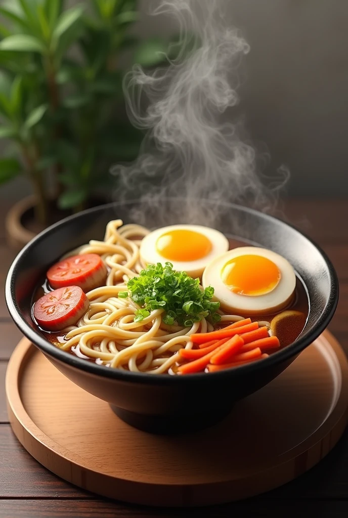 Generate a ramen with eggs and vegetables