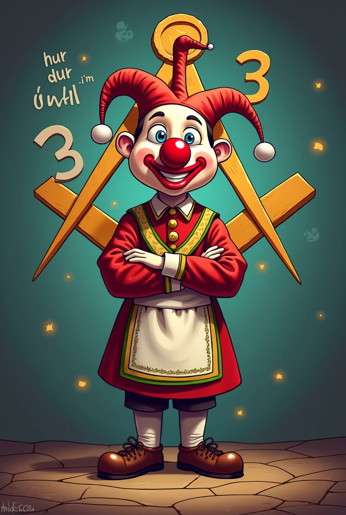 create a funny image of the 33rd degree masonry with a clown nose and hat, adicione elementos da maçonaria como a pirâmide e Write 33 na foto, Write "hur dur i'm dumb"
Write 33 na foto