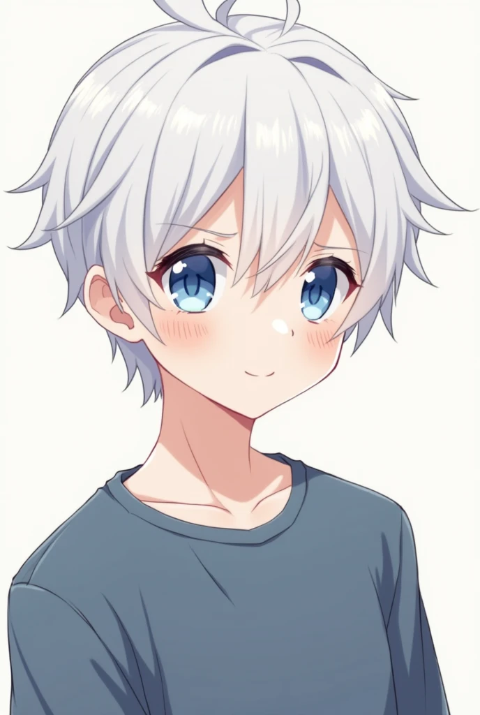 High school boy with short white hair and anime blue eyes, 