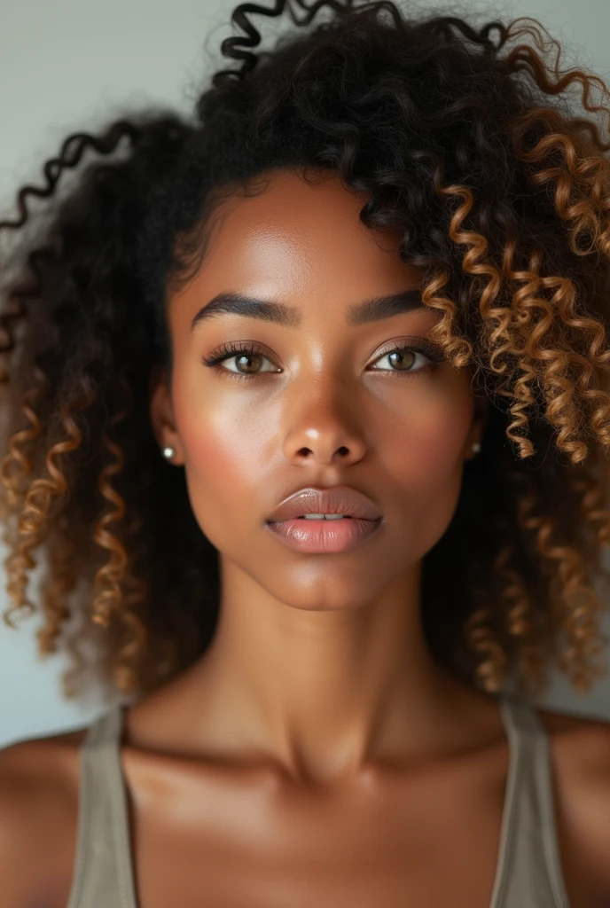 une jeune femme métisse de 22 ans incroyablement belle, avec une peau chaude couleur caramel, des yeux avec de très legères nuances de vert détaillés, et des lèvres pleines avec une teinte rosée naturelle. Son visage est ovale avec des pommettes hautes, et elle a un menton gracieux, légèrement pointu. Ses cheveux sont une cascade de boucles volumineuses, d'un riche brun foncé avec de subtiles mèches dorées, tombant sur ses épaules. Ses sourcils sont bien définis, légèrement arqués, et son expression est calme et confiante. Elle porte un maquillage léger qui met en valeur sa beauté naturelle, avec une douce lueur sur ses joues et une touche de mascara pour accentuer ses yeux. Elle est dans un studio avec un fond clair, vêtue d'un haut noir. Pose frontale, Expression sérieuse. Éclairage avant, mettant en évidence les ombres et les textures du visage. Appareil photo moyen format avec 100 mm f/2.8 lentilles/2.8, Résolution UHD 16K, style de portrait émotionnel, avec un accent sur les détails du visage