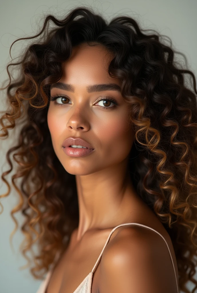 une jeune femme métisse de 22 ans incroyablement belle, avec une peau chaude couleur caramel, des yeux avec de très legères nuances de vert détaillés, et des lèvres pleines avec une teinte rosée naturelle. Son visage est ovale avec des pommettes hautes, et elle a un menton gracieux, légèrement pointu. Ses cheveux sont une cascade de boucles volumineuses, d'un riche brun foncé avec de subtiles mèches dorées, tombant sur ses épaules. Ses sourcils sont bien définis, légèrement arqués, et son expression est calme et confiante. Elle porte un maquillage léger qui met en valeur sa beauté naturelle, avec une douce lueur sur ses joues et une touche de mascara pour accentuer ses yeux. Elle est dans un studio avec un fond clair, vêtue d'un haut noir. Pose frontale, Expression sérieuse. Éclairage avant, mettant en évidence les ombres et les textures du visage. Appareil photo moyen format avec 100 mm f/2.8 lentilles/2.8, Résolution UHD 16K, style de portrait émotionnel, avec un accent sur les détails du visage