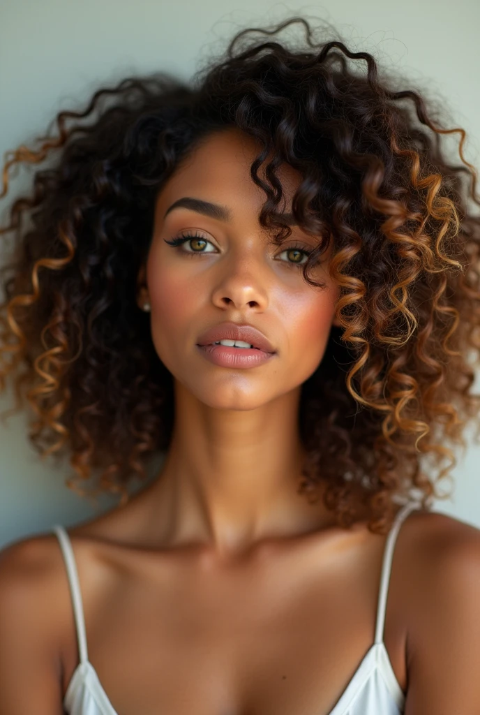 une jeune femme métisse de 22 ans incroyablement belle, avec une peau chaude couleur caramel, des yeux avec de très legères nuances de vert détaillés, et des lèvres pleines avec une teinte rosée naturelle. Son visage est ovale avec des pommettes hautes, et elle a un menton gracieux, légèrement pointu. Ses cheveux sont une cascade de boucles volumineuses, d'un riche brun foncé avec de subtiles mèches dorées, tombant sur ses épaules. Ses sourcils sont bien définis, légèrement arqués, et son expression est calme et confiante. Elle porte un maquillage léger qui met en valeur sa beauté naturelle, avec une douce lueur sur ses joues et une touche de mascara pour accentuer ses yeux. Elle est dans un studio avec un fond clair, vêtue d'un haut noir. Pose frontale, Expression sérieuse. Éclairage avant, mettant en évidence les ombres et les textures du visage. Appareil photo moyen format avec 100 mm f/2.8 lentilles/2.8, Résolution UHD 16K, style de portrait émotionnel, avec un accent sur les détails du visage