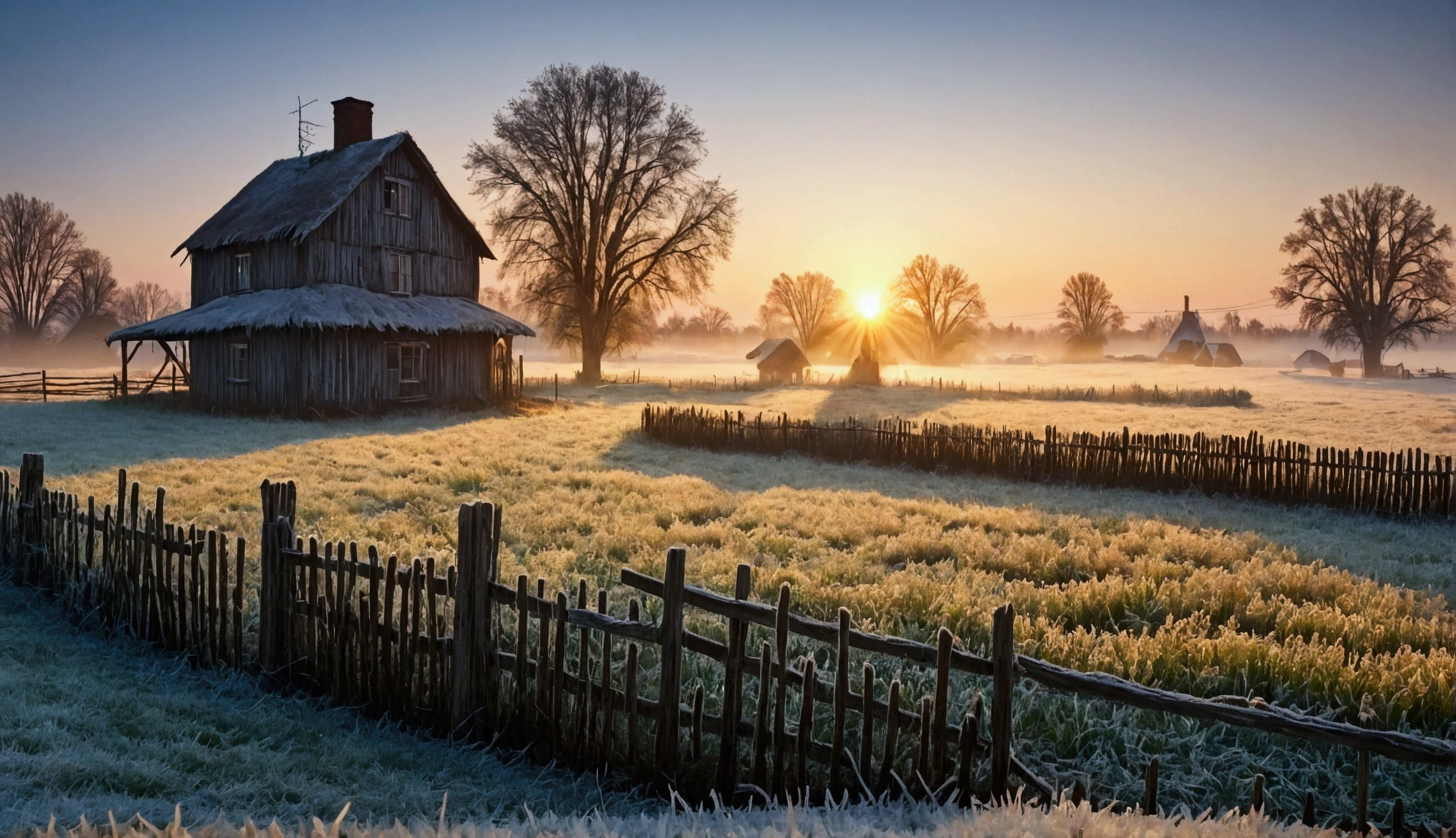 morning in the village, frost on the grass, a decrepit fence made of small slats, an old small house with a chimney, a very beautiful sunrise, professional photo, beautiful, realistic, 8k, high detail, high resolution