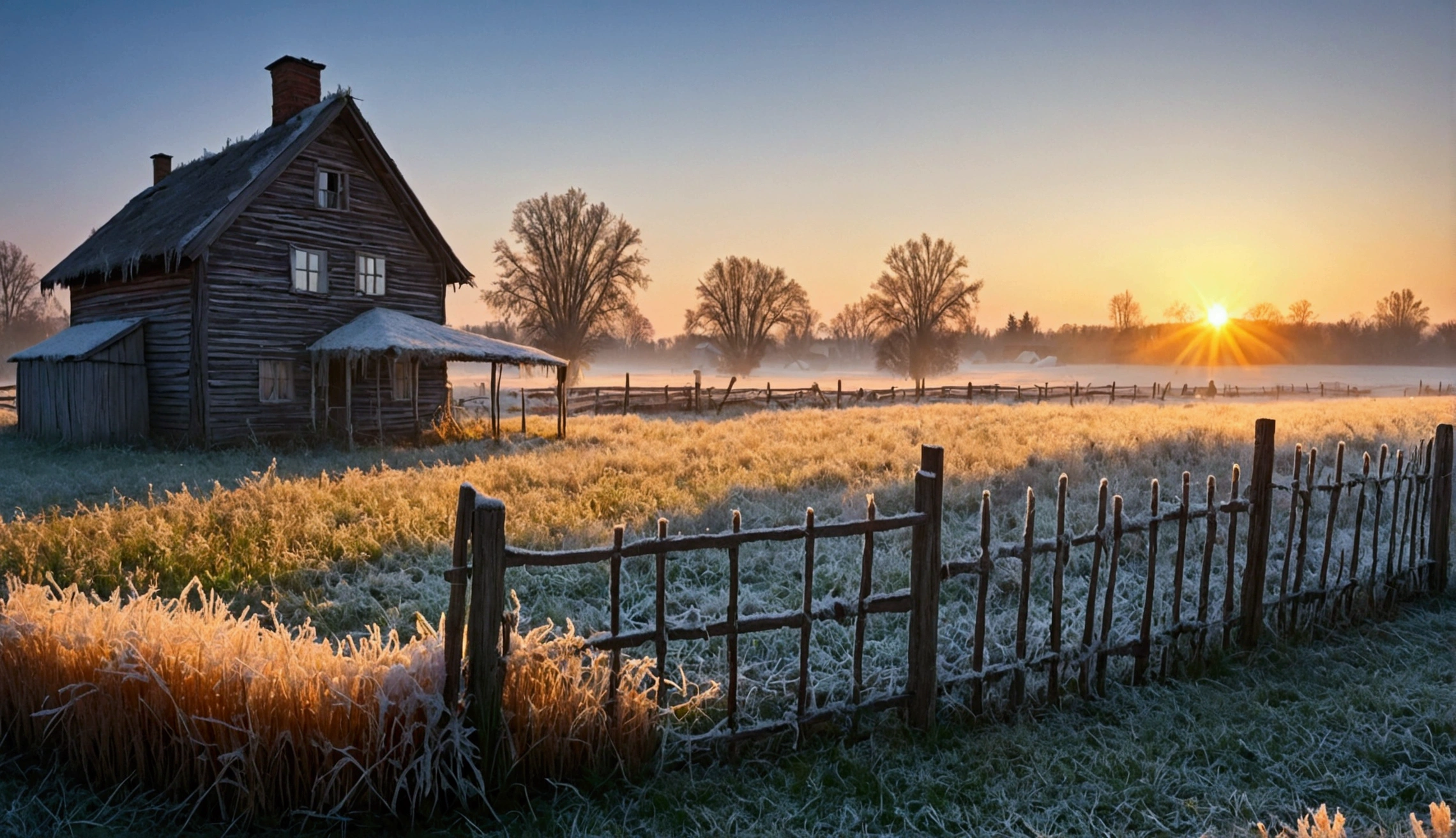 morning in the village, frost on the grass, a decrepit fence made of small slats, an old small house with a chimney, a very beautiful sunrise, professional photo, beautiful, realistic, 8k, high detail, high resolution
