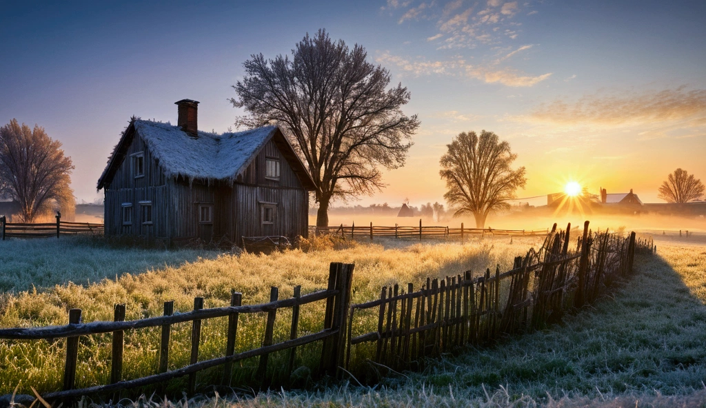 morning in the village, frost on the grass, a decrepit fence made of small slats, an old small house with a chimney, a very beautiful sunrise, professional photo, beautiful, realistic, 8k, high detail, high resolution