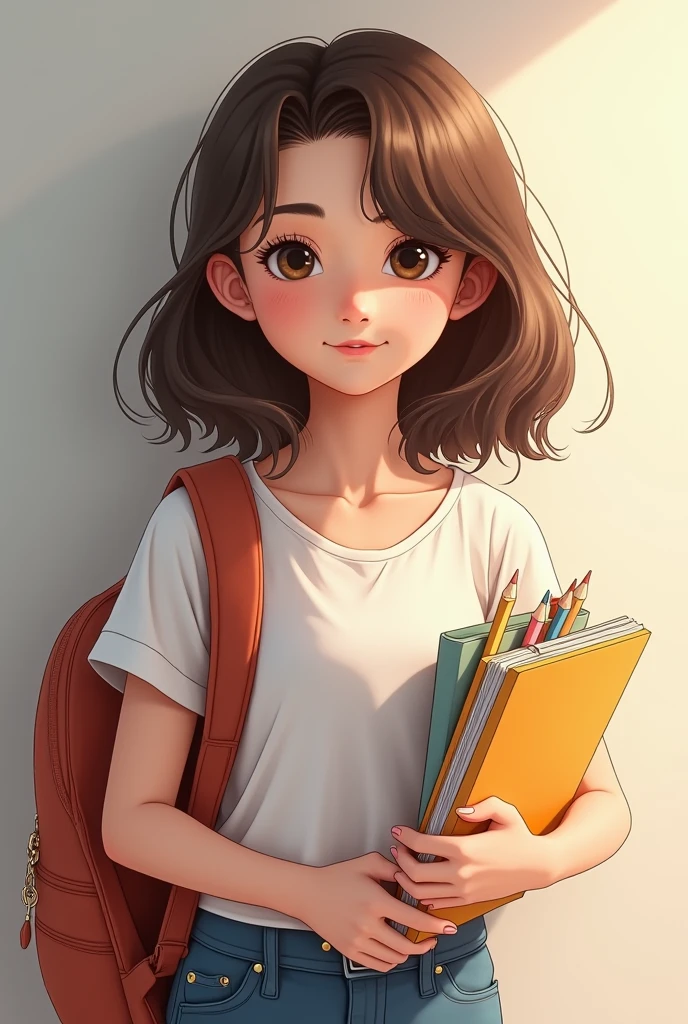 create a real girl image, Brunette with school supplies 