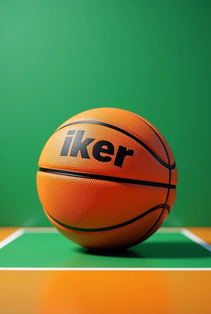 3D basketball ball with the name IKER on it with a green backboard


