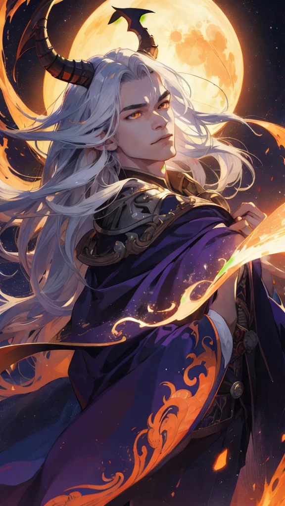 (absurdres, highres, ultra detailed), 1 male teen, young, handsome, tall muscular guy, broad shoulders, long white hair with bangs, orange eyes, dragon horns on head, smirking expression, sunset long sleeves, finely detailed eyes and detailed face, extremely detailed CG unity 8k wallpaper, intricate details, (style-swirlmagic:0.8), portrait, looking up, solo, half shot, detailed background, (warhammer fantasy theme:1.1) sinster, focusing, pursed lips, sorcrer, casting spell, hovering in air, (color waves), floating crystals, dynamic pose, color robe, hair flowing in the wind, arcane spell, mana, grim dark realistic lighting, moon background.)