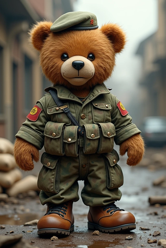 A teddy bear in army clothing