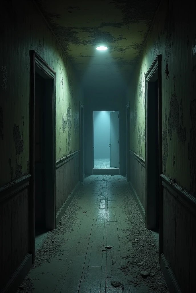 corridor of an old and abandoned house, empty but with open doors