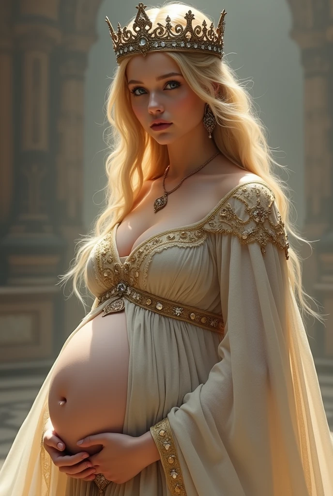 A 20 year old woman with blonde hair and golden strands, wearing a crown, sansa stark style dress. She was 5 pregnant, the belly covered
