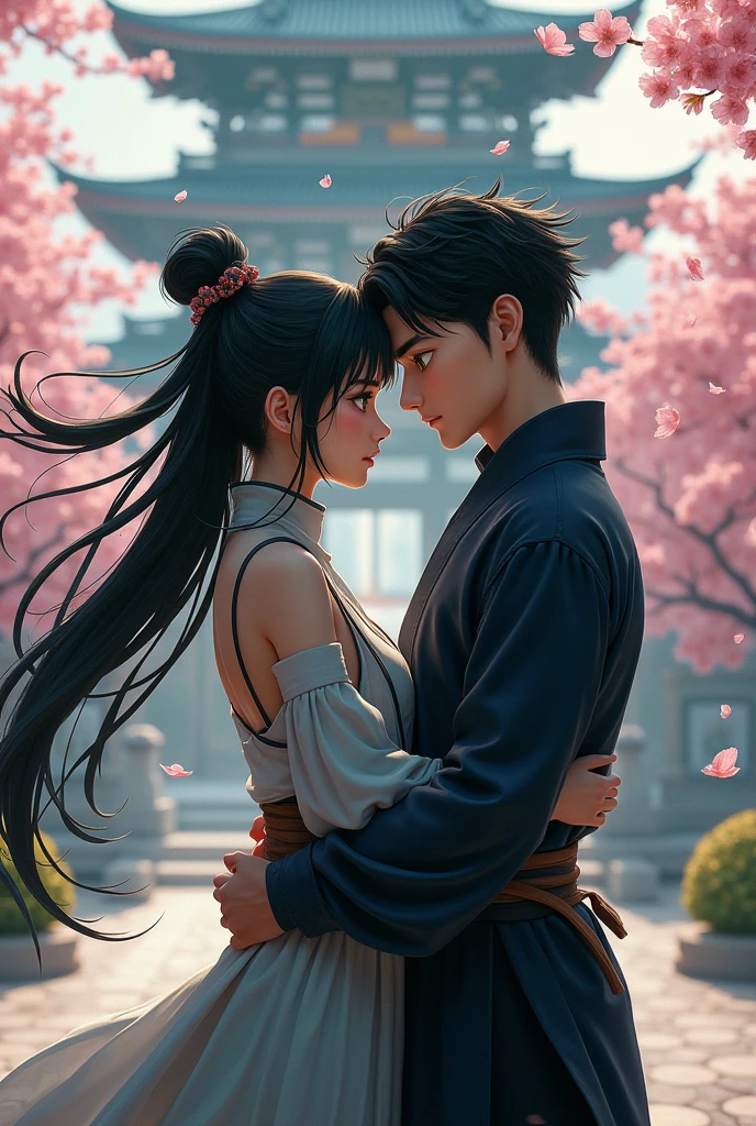 Ninja couple hugging in front of a temple, the woman has tied black hair and green eyes, the man has short black hair, blue eyes and is very muscular.