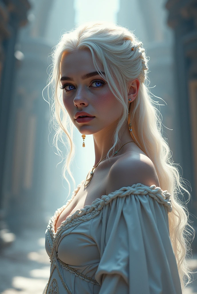 Billie Eilish if she was a Targaryen with blonde hair and violet eyes