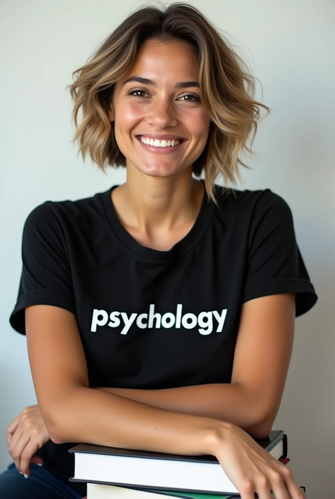 A Brazilian woman, light brunette, with short, wavy brown eyes and hair , wearing a black t-shirt with the word written on it "psychology" , apoiada sobre livros de psychology em fundo branco, showing off your natural charm and outgoing personality.