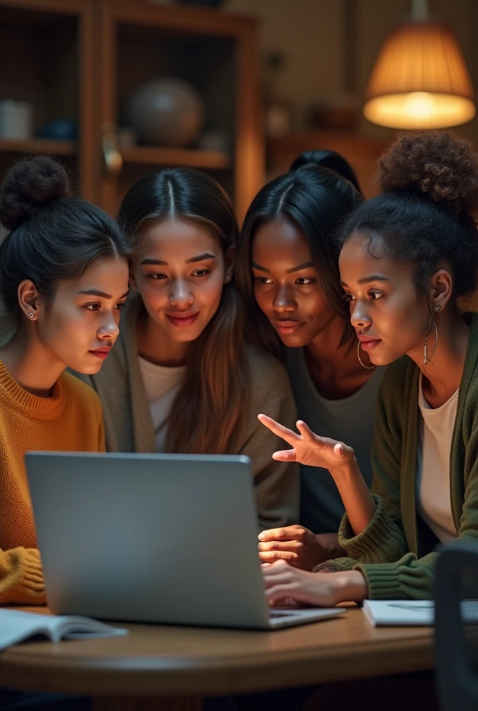 Create a image on 2 women and 2 men looking at laptop people looks real