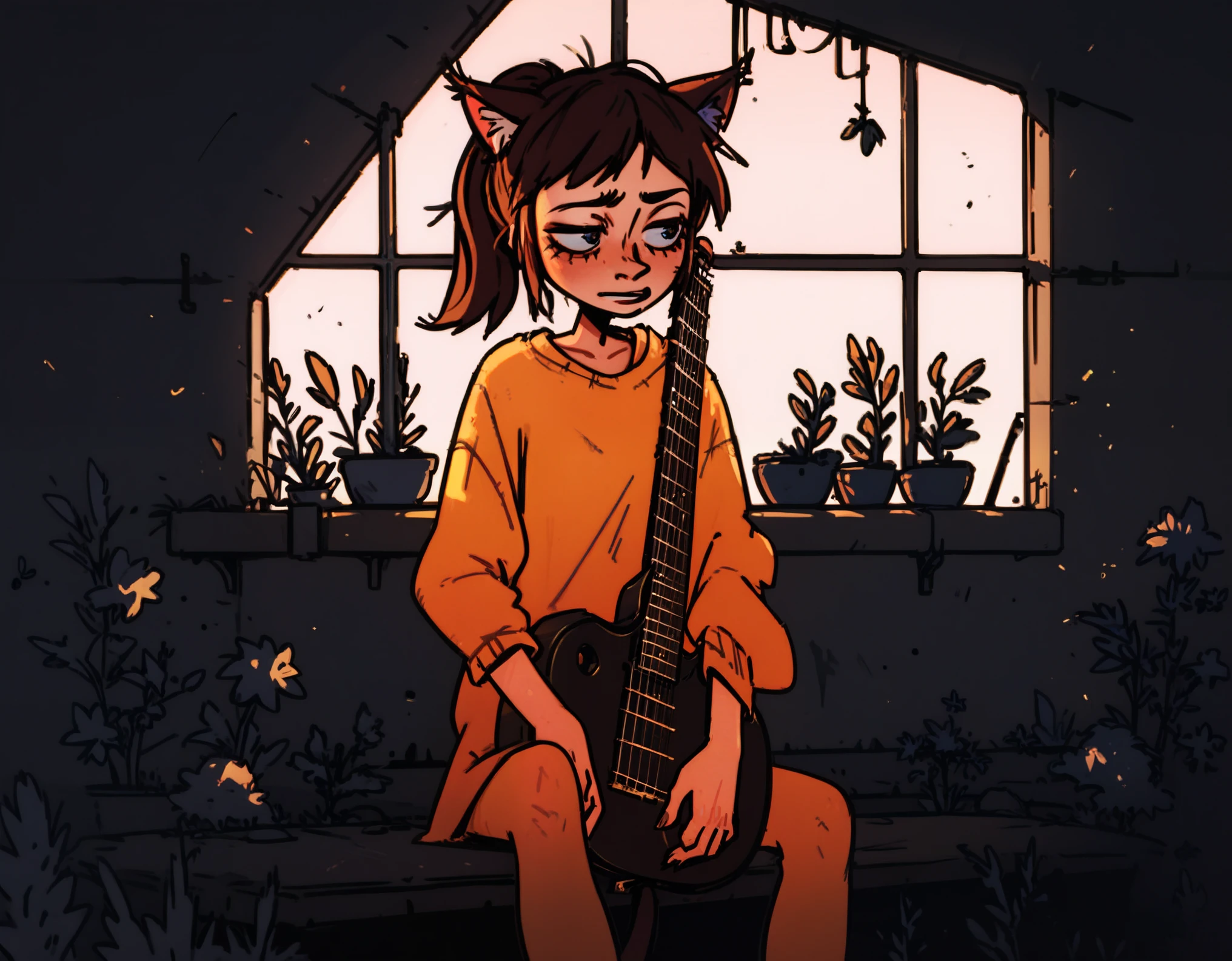 score_9, score_8_up, score_7_up, score_6_up, score_5_up, score_4_up, By Samara03, A girl sitting on a bench in an abandoned train station holding a guitar, wearing a T-yellow shirt with a pink kitty stamp on it, brown hair in a ponytail grainy texture, warm lighting, dramatic slanted lighting, afternoon, plants everywhere, cat sitting in the rubble, slice of life aeshthetic, wallpaper, 4k resolution, use of golden ratio, green and golden color scheme with blue undertones.