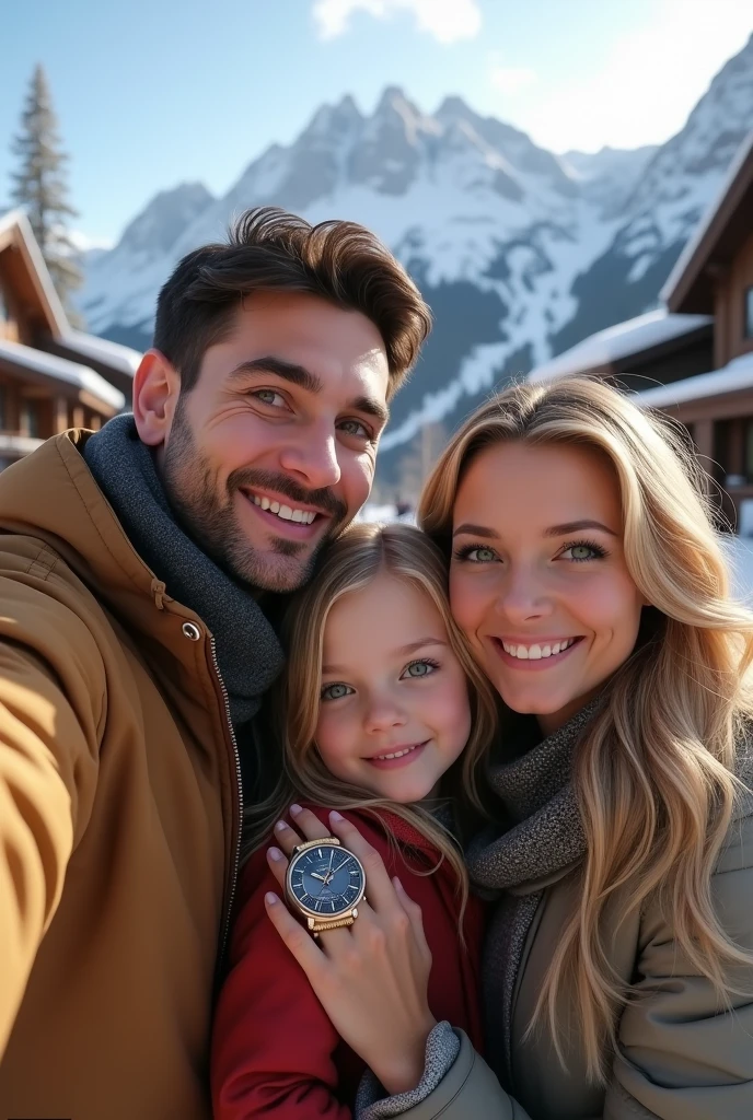 (Photorealism:1.1) a couple man dark brown hair and brown eyes together with a woman blonde green eyes long hair e uma criança loira de 8 anos fazendo selfie em Aspen e um IWC portuguese e usando aliança de casamento 8k ultra realistic super detailed