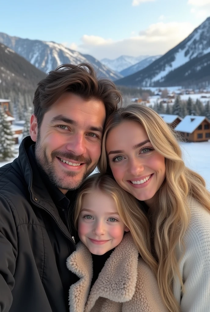 (Photorealism:1.1) a couple man dark brown hair and brown eyes together with a woman blonde green eyes long hair  e uma criança loira de 8 anos fazendo selfie em Aspen  e um IWC portuguese e usando aliança de casamento 8k ultra realistic super detailed 
