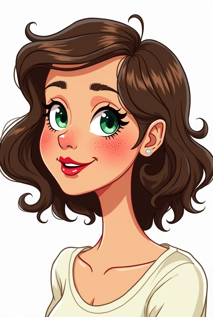 the profile of a bruenette young women with curtain bangs and volume hair, green eyes, a lot of freckles, a chubby face, long lashes and full lips. On a white background. in a little cartoonish style