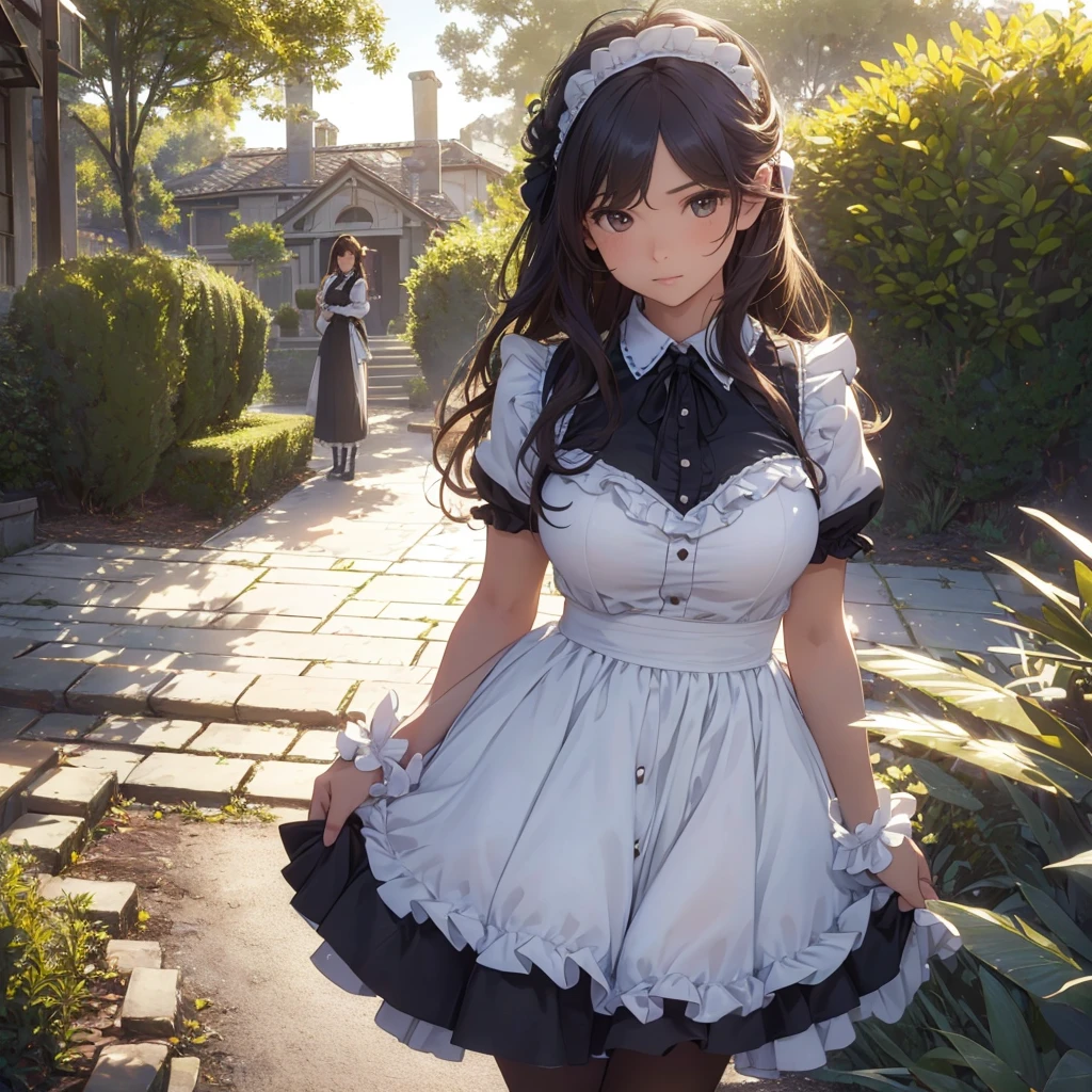 masterpieces,best quality,(ultra_detailed),3D,(realistic:1.9),(photorealistic:1.9),(light falloff at edges:1.9),shallow depth of field,sensual girl,in garden,at morning,western‐style house in the background,plump,(brown _pantyhose,)wavy long hair,built bangs,drooping eyes,wide-set eyes,lovely round eyes,looking away,round face, (maid costume),