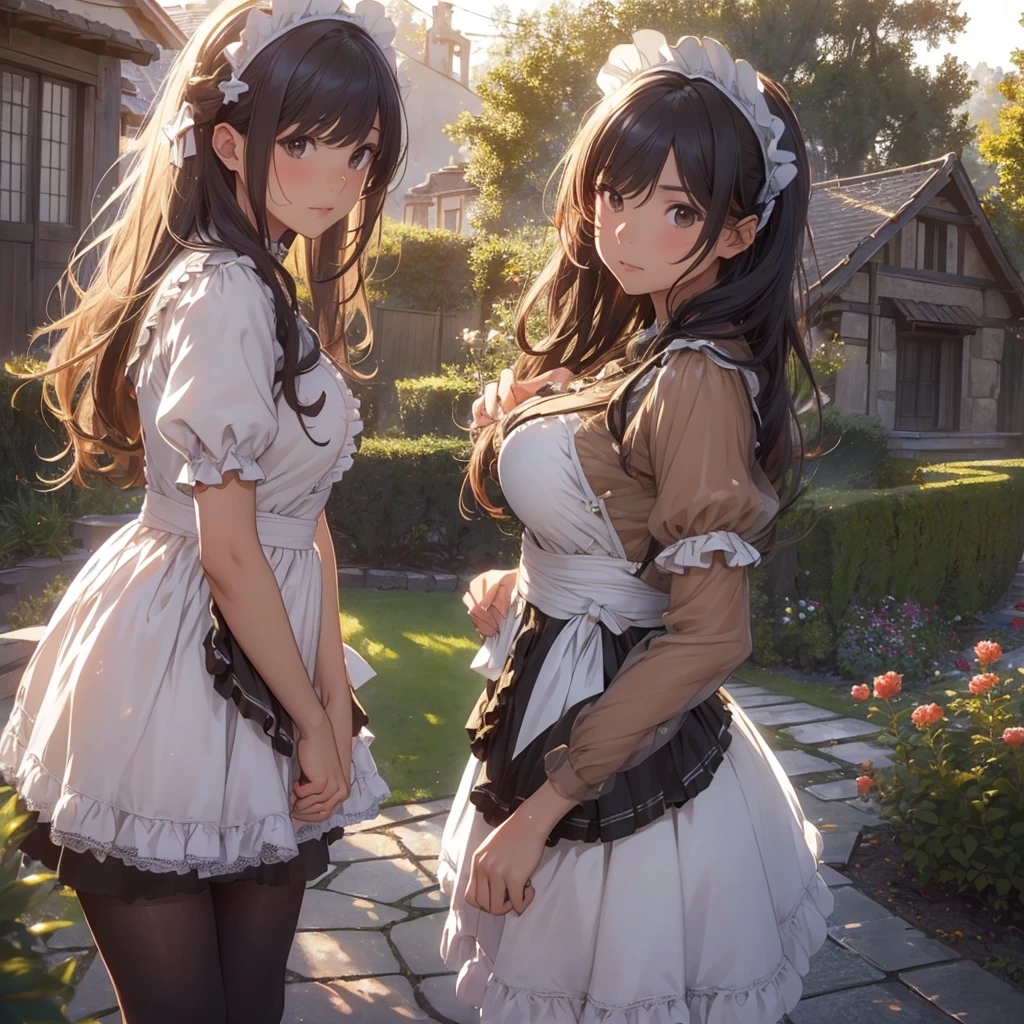 masterpieces,best quality,(ultra_detailed),3D,(realistic:1.9),(photorealistic:1.9),(light falloff at edges:1.9),shallow depth of field,sensual girl,in garden,at morning,western‐style house in the background,plump,(brown _pantyhose,)wavy long hair,built bangs,drooping eyes,wide-set eyes,lovely round eyes,looking away,round face, (maid costume),