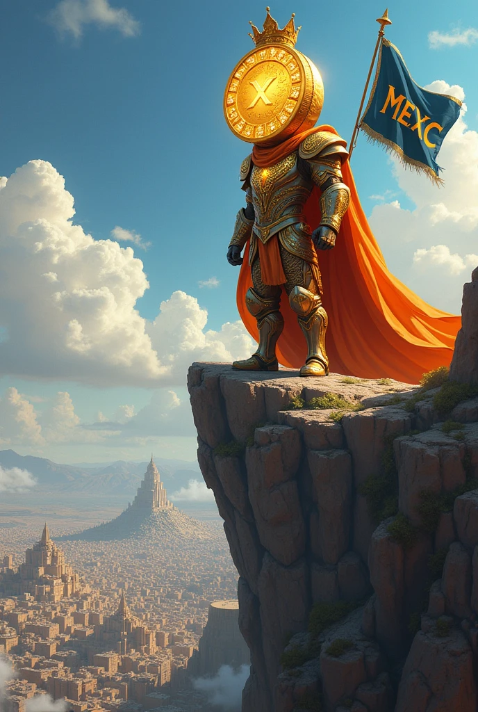 A king whose head is big and looks like a coin and has orange armor and a beautiful crown looks from the top of the mountain to a big city whose flag says " Mexc "and the color of the flag of that land is dark blue.