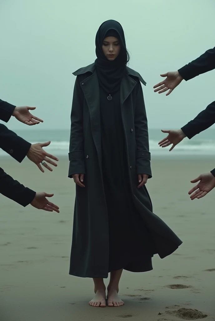 Black headscarf on the beach, black trench coat, Barefoot woman. Men touching women's buttocks.