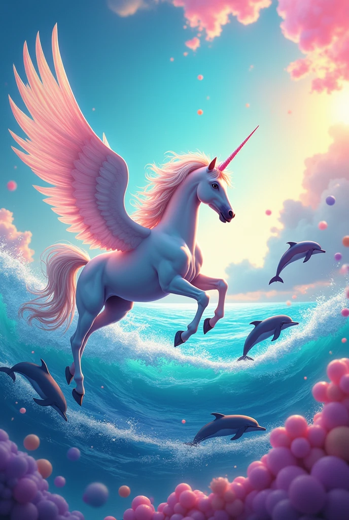 Put a unicorn flying over the sea and the sea with dolphins,the very colorful background, but with many many colors like a rainbow and candies