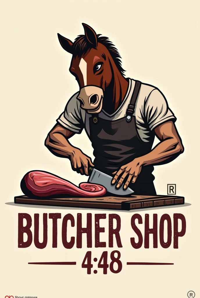 Make a logo for a butcher shop called "butcher shop 4:48" ( That it is in Spanish) with a person with a brown horse mask cutting meat