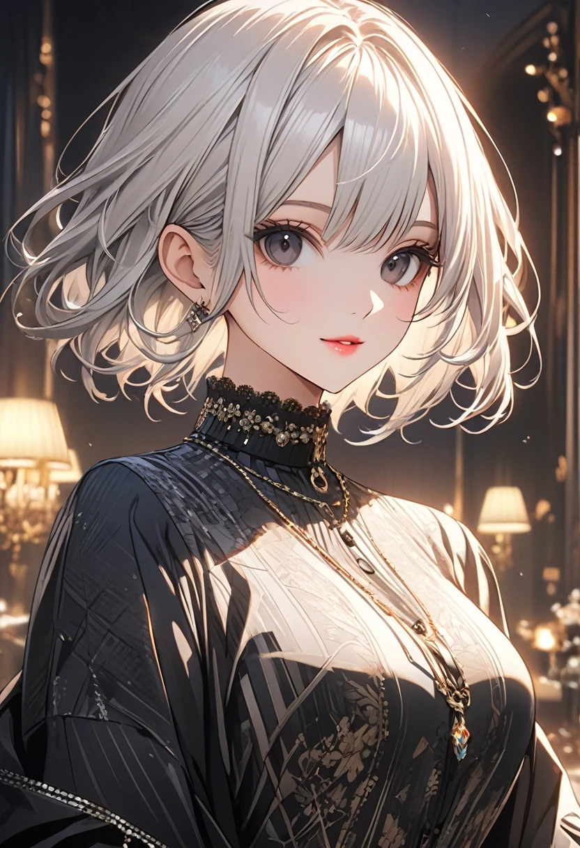 1.5, best quality, high quality, High definition, High quality texture, high detail, beautiful detailed, finely detailed, extremely detailed cg, detailed texture, ((ANIME)), 1girl, woman, female, ((billionaire)), rich, white hair, short hair, designer clothing, ((washed out colors)), black eyes,
