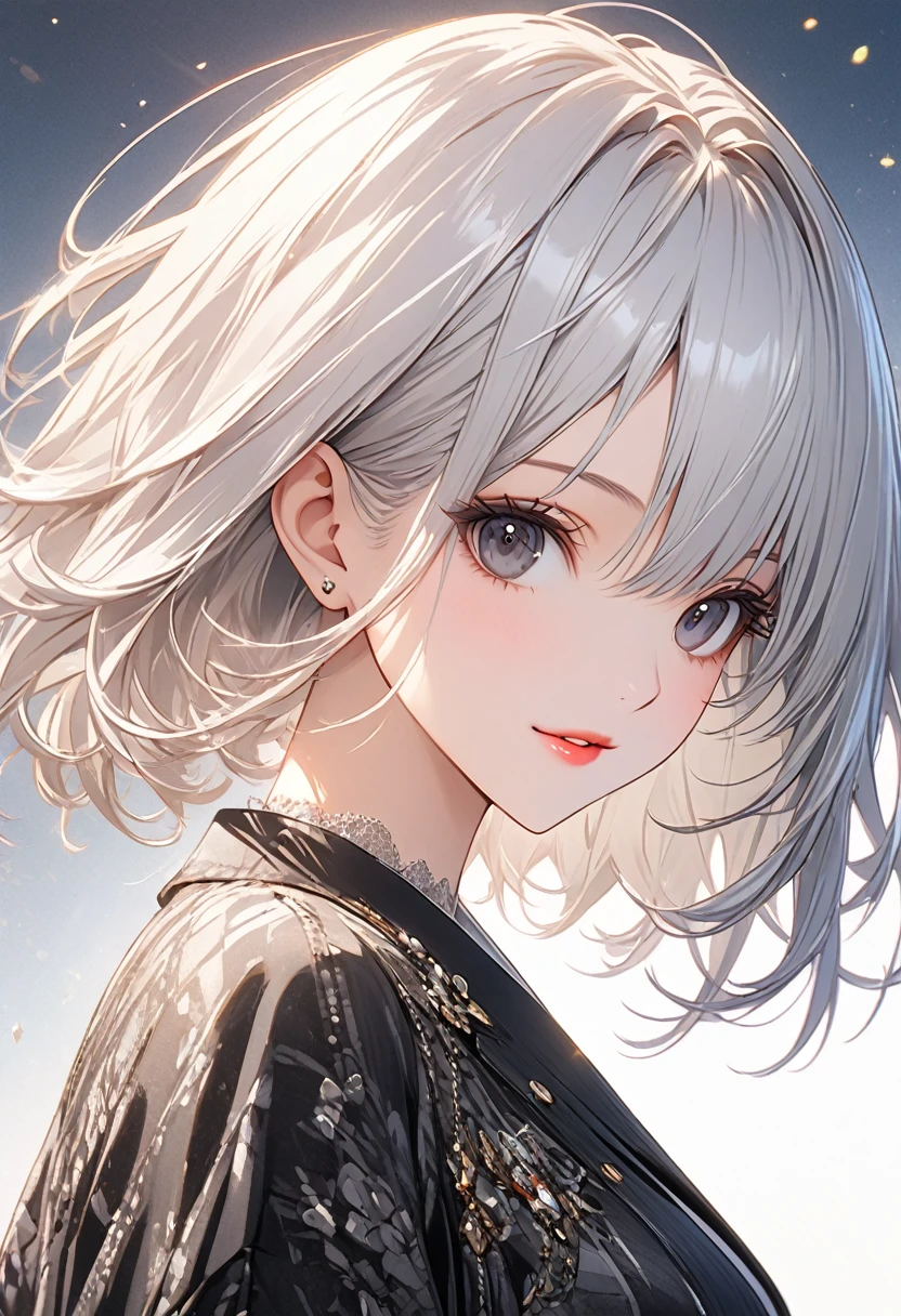 1.5, best quality, high quality, High definition, High quality texture, high detail, beautiful detailed, finely detailed, extremely detailed cg, detailed texture, ((ANIME)), 1girl, woman, female, ((billionaire)), rich, white hair, short hair, designer clothing, ((washed out colors)), black eyes,