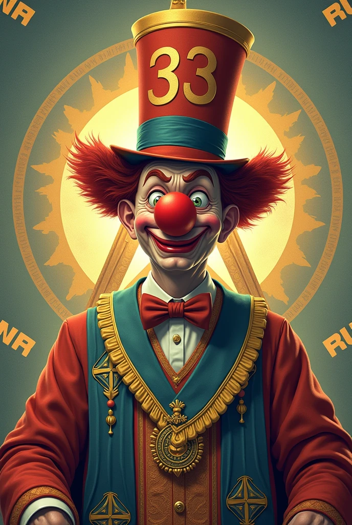 create a funny image of the 33rd degree masonry with a clown nose and hat, adicione elementos da maçonaria como a pirâmide e Write 33 na foto, Write "hur dur i'm dumb"
Write 33 na foto
Write dumb 4 vezes no fundo da imagem
adicione elementos da maçonaria