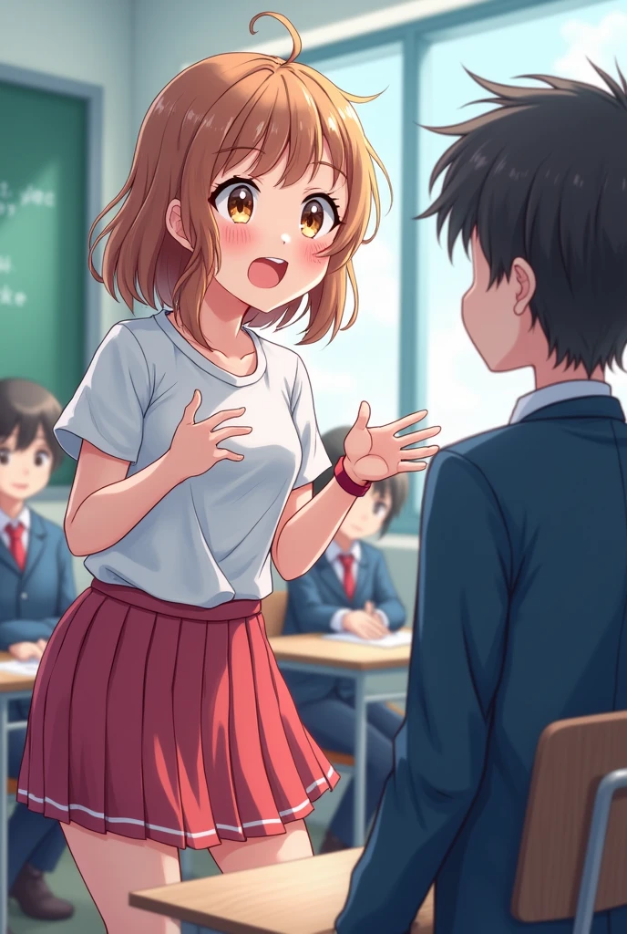 anime girl talking(with open mouth)  with a boy in front and standing with other students sitting in the background 