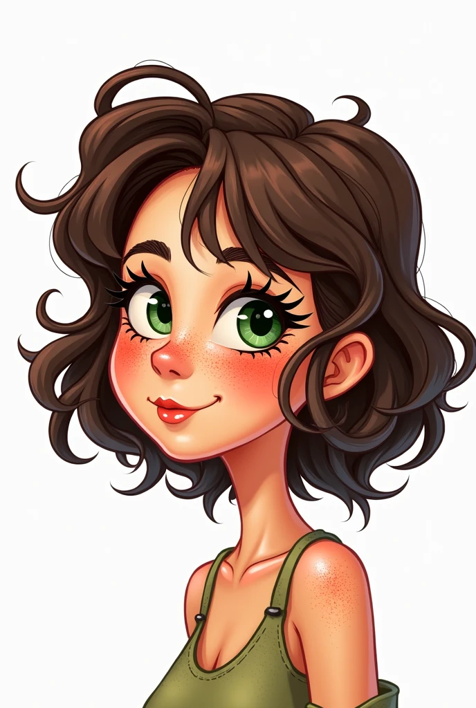 the profile of a bruenette young women with curtain bangs and volume hair, green eyes, a lot of freckles, a chubby face, long lashes and full lips. On a white background. in a little cartoonish style