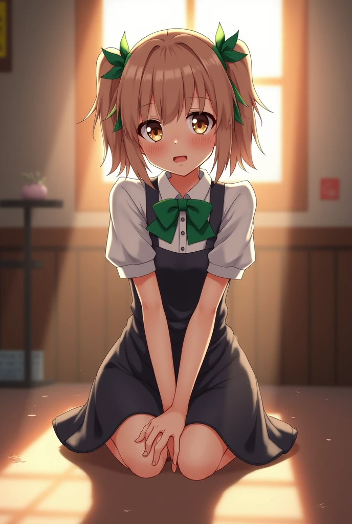 michishio_Kantai Collection, Twin tails, double_good, hair_good, short_Twin tails, Light_brown_hair, brown_eye, blush, bow, yellow_eye, dress, green_bow, green_bowtie, apron_dress, shirt, white_shirt, bowtie, (Small breasts, Small body), (short stature:1.2), One  , alone, looking at viewer
break 
(software:1.3), I want to pee, Place your hands between your legs, Leaning forward, Inner thigh, (trembling:1.2), 
break
(anger), (cry), (blush), (Open your mouth:1.3), wavy mouth
break
official art, masterpiece, Highest quality, Highest Resolution, 8k, Most detailed, Extremely elaborate hands, Very elaborate fingers, Highly detailed mouth, perfect anatomy
break
(door, workroom), Dust, Dust, Light particles, Highly detailed 16K CG wallpaper