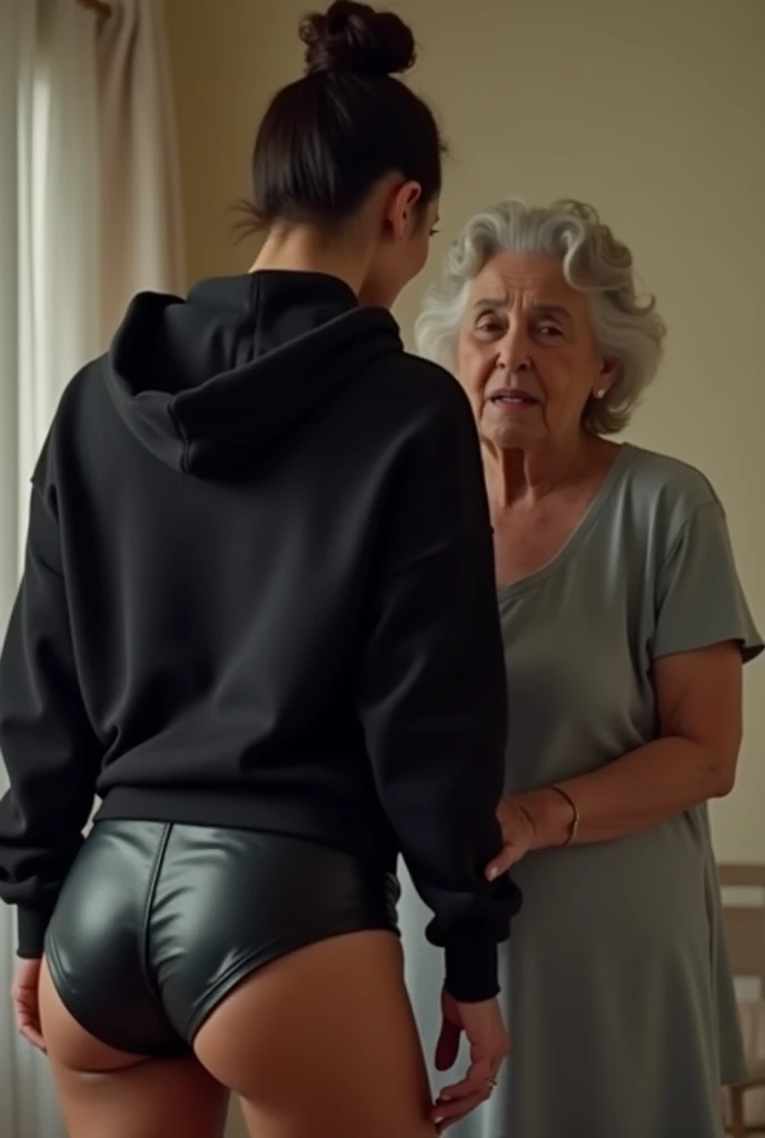 black woman hair in a bun black hoodie black leather short shorts being fucked in the ass by a old grandma in a dress