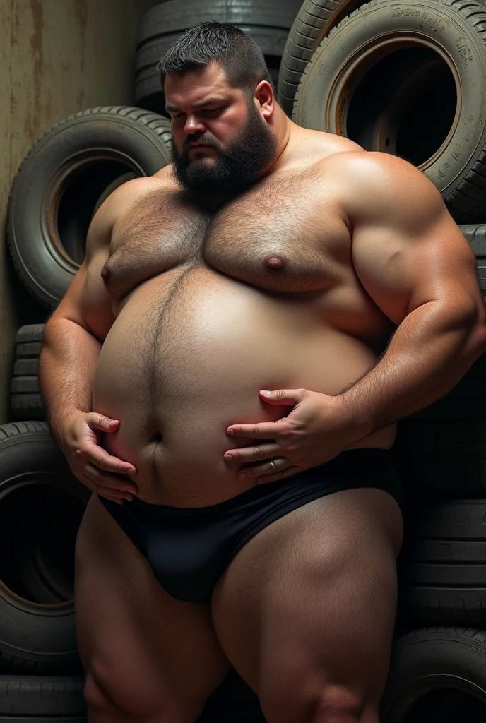 side view, stocky man with a protruding belly, hairy chest and hairy belly, shirtless and wearing black boxer briefs, he is leaning on a pile of tires, grabbing bulge, grabbing, grab