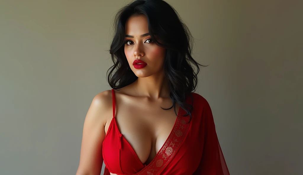 wolf cut hairstyle erotic hindu wife super big fake lips red lipstick super delicious body saree bra chubby body big boobs, front facing