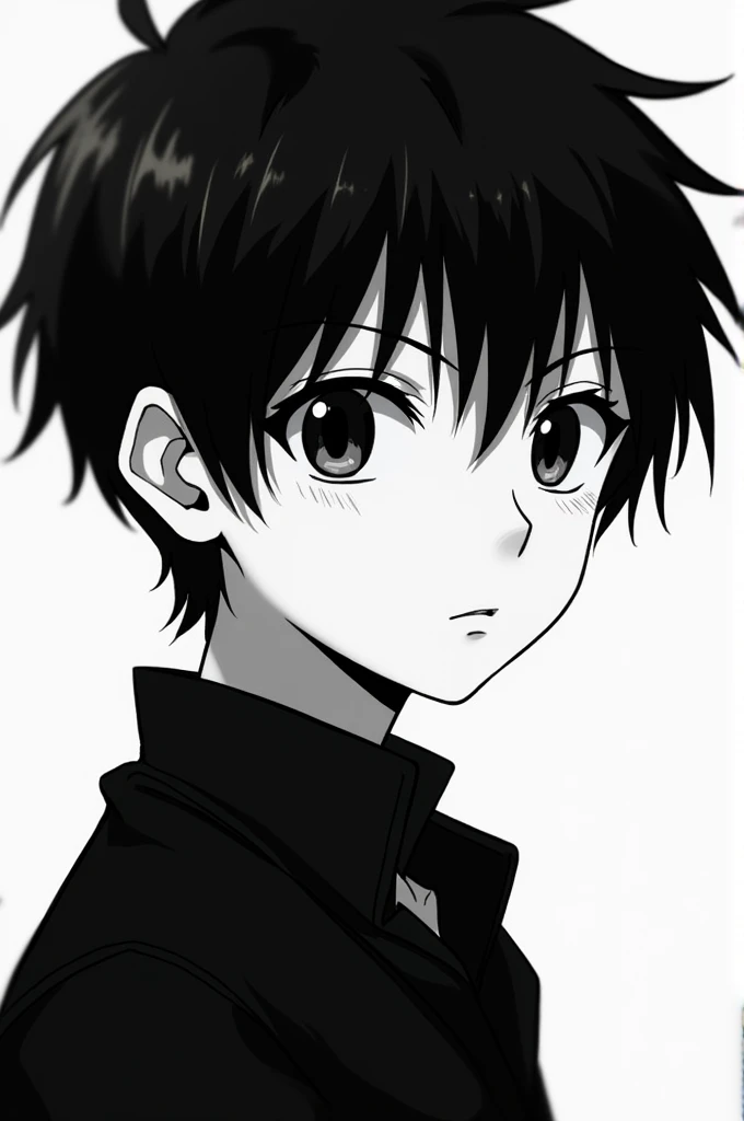 black hair boy, black eyes anime style 2d to black and white