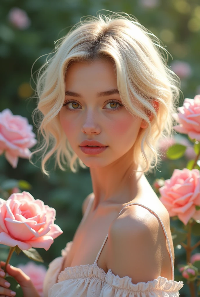 8k, RAW photo, Fujifilm, style photo of a beautiful young woman as avril in a garden of light pink roses (highly detailed skin: 1.2) Style-Petal BREAK short hair, blonde hair with colored locks, wearing a dress, film granulation, 35mm, cute style