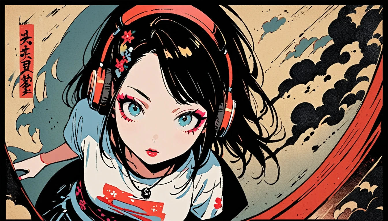 (((Ink Painting))), (((from above))), (((1 female))), (((Japanese pattern T-shirt))), (((punk))), (((Very flashy makeup))), Necklace with studs, Japanese style headphones, face close-up, front view, Japan人の美少女, Black Hair, Delicate and precise, Modern ukiyo-e style,Japan, Droopy eyes, round face, provoke, vivid color