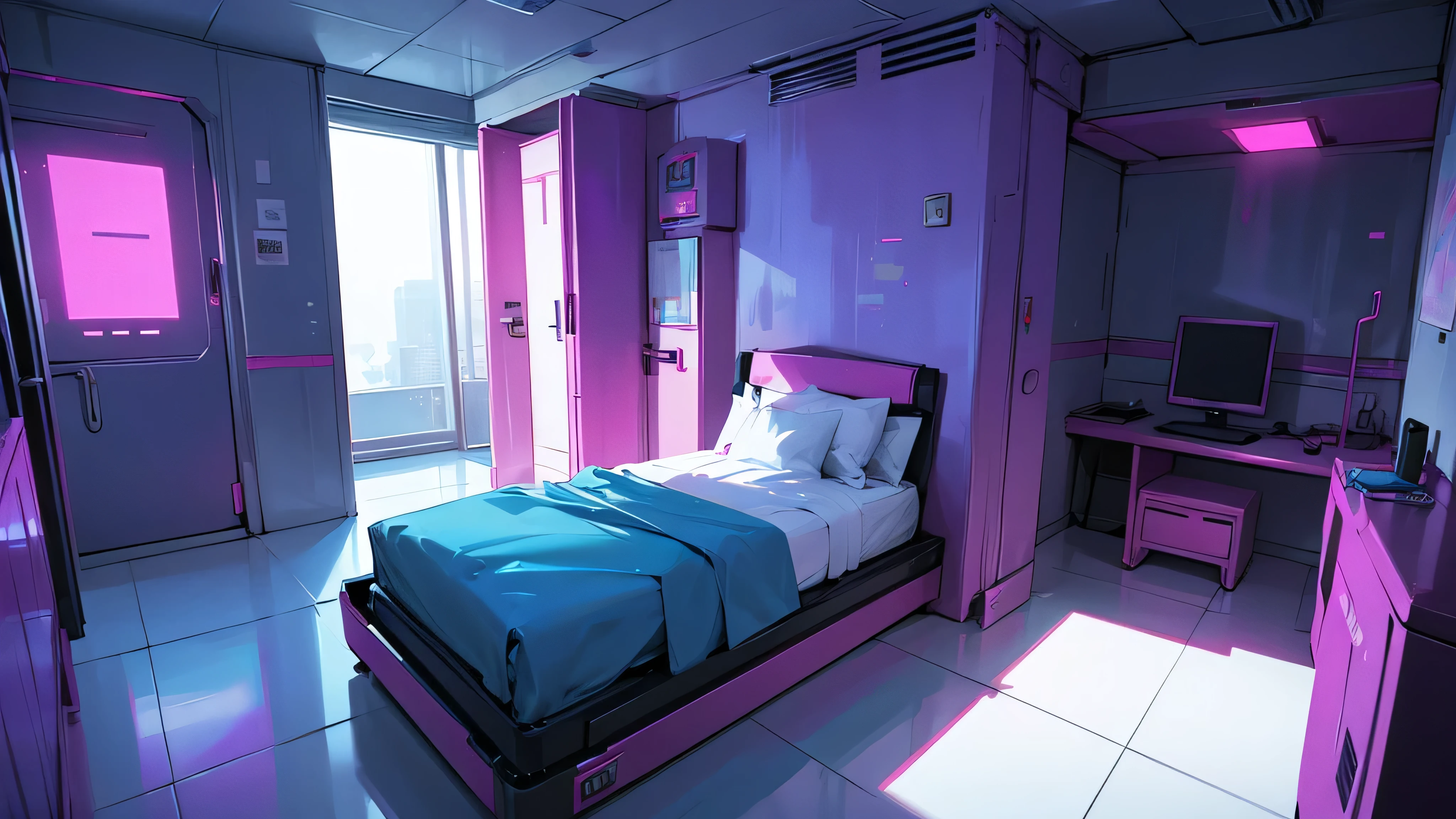 a girly cyberpunk futuristic bedroom with no person in it