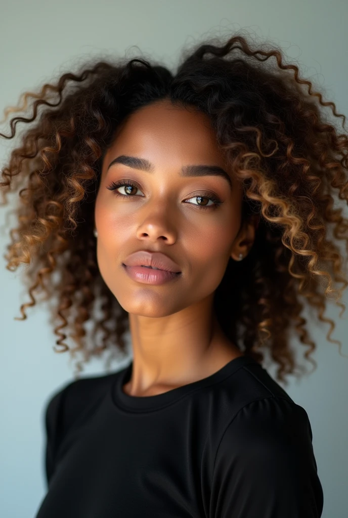 une jeune femme métisse de 22 ans incroyablement belle, avec une peau chaude couleur caramel, des yeux légerement gris détaillés, et des lèvres pleines avec une teinte rosée naturelle. Son visage est ovale avec des pommettes hautes, et elle a un menton gracieux, légèrement pointu. Ses cheveux sont une cascade de boucles volumineuses d'un riche brun foncé avec de subtiles mèches dorées, tombant sur ses épaules, sans passer devant son visage. Ses sourcils sont bien définis, légèrement arqués, et son expression est calme et confiante. Elle porte un maquillage léger qui met en valeur sa beauté naturelle, avec une douce lueur sur ses joues et une touche de mascara pour accentuer ses yeux. Elle est dans un studio avec un fond clair, vêtue d'un haut noir. Pose frontale, Expression sérieuse. Éclairage avant, mettant en évidence les ombres et les textures du visage. Appareil photo moyen format avec 100 mm f/2.8 lentilles/2.8, Résolution UHD 16K, style de portrait émotionnel, avec un accent sur les détails du visage