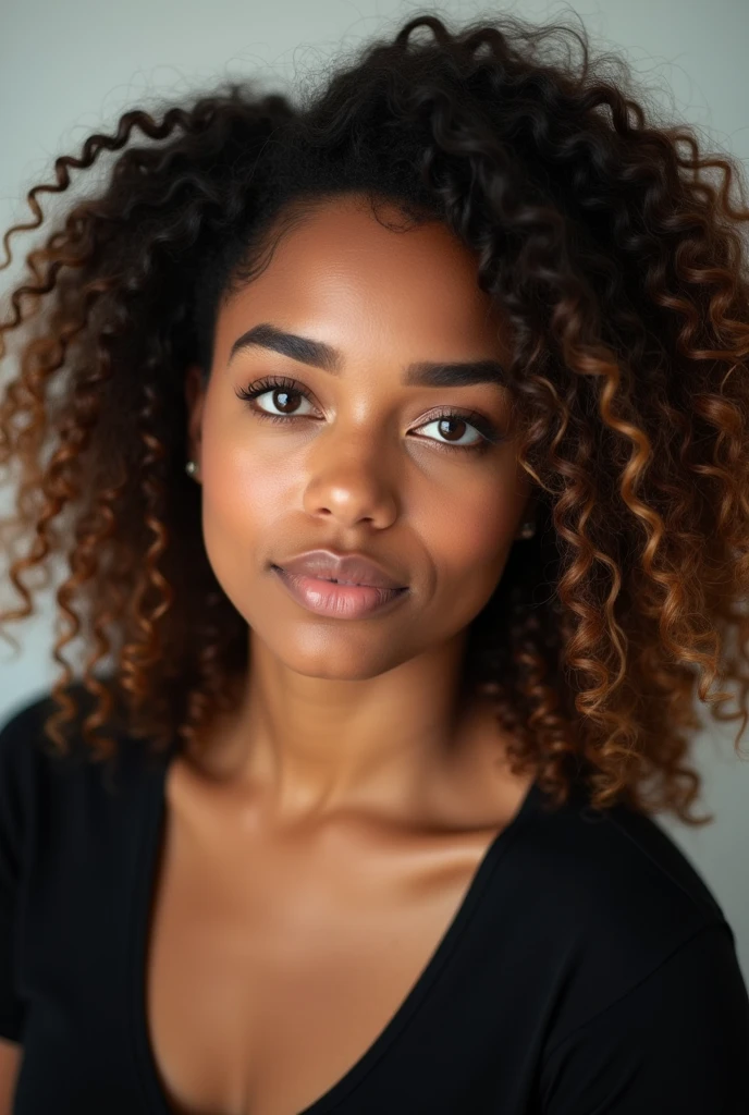 une jeune femme métisse de 22 ans incroyablement belle, avec une peau chaude couleur caramel, des yeux légerement gris détaillés, et des lèvres pleines avec une teinte rosée naturelle. Son visage est ovale avec des pommettes hautes, et elle a un menton gracieux, légèrement pointu. Ses cheveux sont une cascade de boucles volumineuses  d'un riche brun foncé avec de subtiles mèches dorées, tombant sur ses épaules, sans passer devant son visage. Ses sourcils sont bien définis, légèrement arqués, et son expression est calme et confiante. Elle porte un maquillage léger qui met en valeur sa beauté naturelle, avec une douce lueur sur ses joues et une touche de mascara pour accentuer ses yeux. Elle est dans un studio avec un fond clair, vêtue d'un haut noir. Pose frontale, Expression sérieuse. Éclairage avant, mettant en évidence les ombres et les textures du visage. Appareil photo moyen format avec 100 mm f/2.8 lentilles/2.8, Résolution UHD 16K, style de portrait émotionnel, avec un accent sur les détails du visage