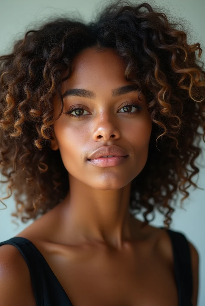 une jeune femme métisse de 22 ans incroyablement belle, avec une peau chaude couleur caramel, des yeux légerement gris détaillés, et des lèvres pleines avec une teinte rosée naturelle. Son visage est ovale avec des pommettes hautes, et elle a un menton gracieux, légèrement pointu. Ses cheveux sont une cascade de boucles volumineuses d'un riche brun foncé avec de subtiles mèches dorées, tombant sur ses épaules, sans passer devant son visage. Ses sourcils sont bien définis, légèrement arqués, et son expression est calme et confiante. Elle porte un maquillage léger qui met en valeur sa beauté naturelle, avec une douce lueur sur ses joues et une touche de mascara pour accentuer ses yeux. Elle est dans un studio avec un fond clair, vêtue d'un haut noir. Pose frontale, Expression sérieuse. Éclairage avant, mettant en évidence les ombres et les textures du visage. Appareil photo moyen format avec 100 mm f/2.8 lentilles/2.8, Résolution UHD 16K, style de portrait émotionnel, avec un accent sur les détails du visage